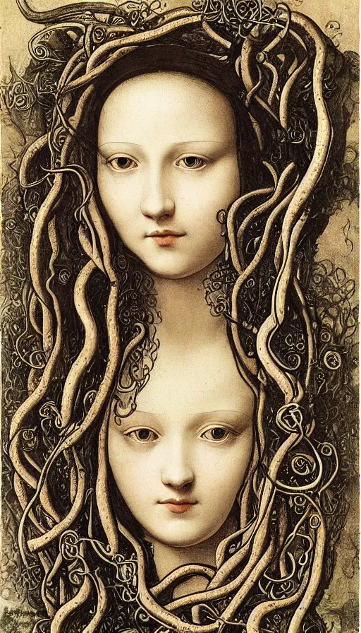 Image similar to very detailed portrait of a 2 0 years old girl surrounded by tentacles, the youg woman visage is blooming from fractal and vines, by leonardo da vinci