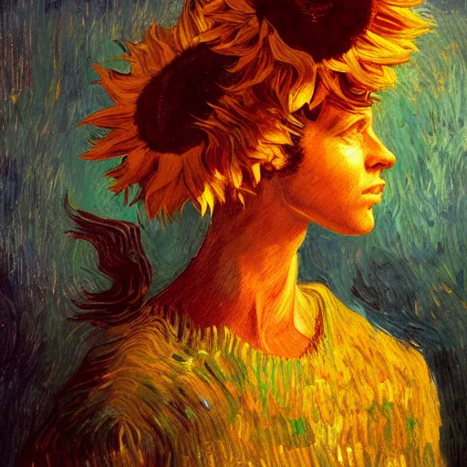 Image similar to giant sunflower head, woman in a luxury apartment, surreal, dramatic light, impressionist painting, digital painting, artstation, van gogh