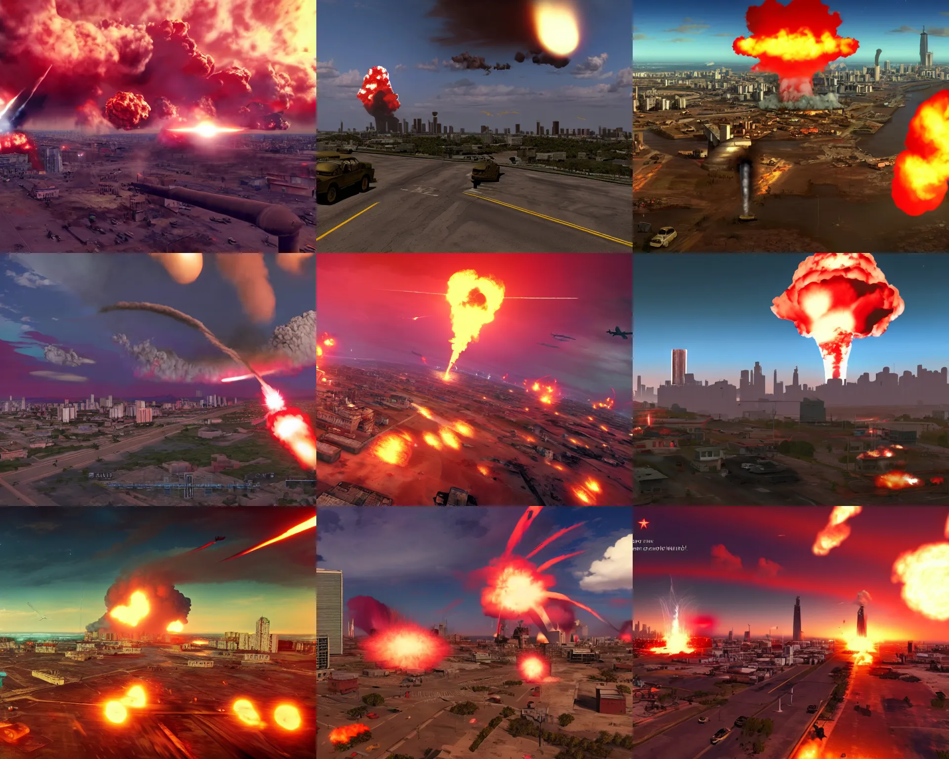Prompt: the cuban missile war, a nuclear explosion with a city in the background, a screenshot by irvin bomb, reddit, nuclear art, furaffinity, apocalypse art, playstation 5 screenshot