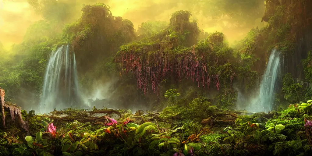 Prompt: a rusty ethereal ghost shipwreck in a prehistoric jungle, lush flora, waterfall, towering mountains, flowers, vines, sunset, hazy, volumetric lighting, rtx on, washed out colors, an award winning digital render, beautiful, stunning, ultradetailed, great composition