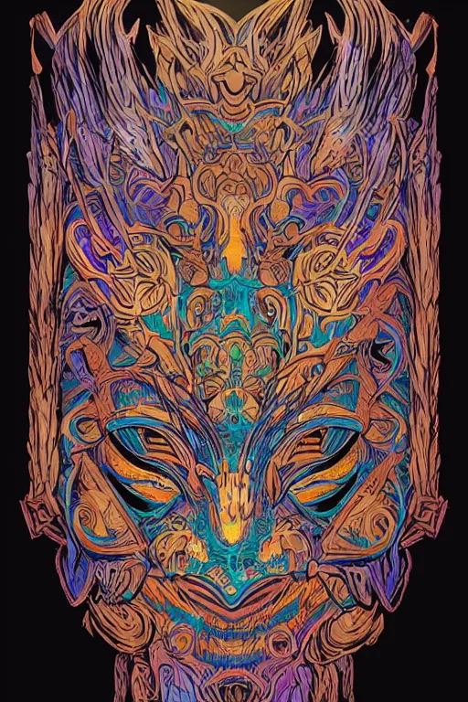 Image similar to animal mask totem roots flower tribal feather gemstone plant wood rock shaman vodoo video game vector cutout illustration vivid multicolor borderlands comics by josan gonzales and dan mumford radiating a glowing aura