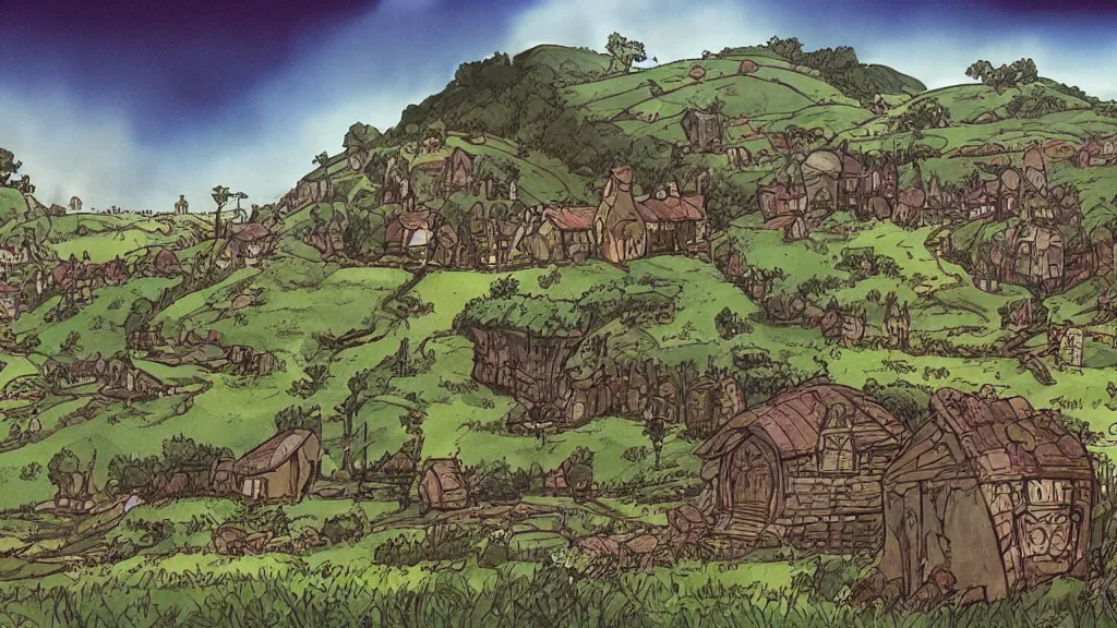 Image similar to a genndy tartakovsky illustration of the shire from lord of the rings