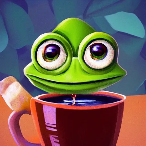 Prompt: pepe the frog drinking coffee, full body shot, 4k, jungles in the background, symmetry!!, coherent, photorealistic, cold colors, artstation,