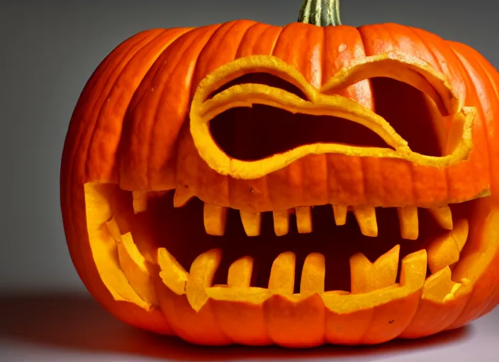 Prompt: photo still of a pumpkin with a human mouth, 8 k, studio lighting bright ambient lighting key light, 8 5 mm f 1. 8