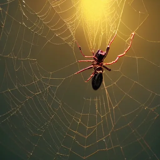 Image similar to spider on a web made of neon, 8 k octane beautifully detailed render, post - processing, extremely hyper - detailed, intricate, epic composition, cinematic lighting, masterpiece, trending on artstation, masterpiece, stunning art by anders zorn, wonderful masterpiece by greg rutkowski, beautiful cinematic,