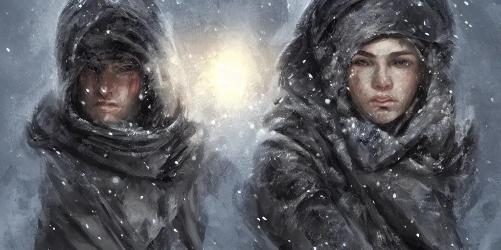 Prompt: highly detailed concept art of a female soldier slowly stalking through the darkness, light illuminating only one side of her face, she is wearing winter gear and looks highly determined