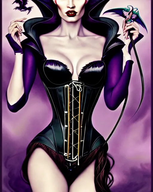 Image similar to new art nouveau portrait of fantasy succubus maleficent megan fox wearing a latex corset, anna dittmann, patrick nagle, charlie bowater and loish. long windblown hair, very large, clear, expressive, and intelligent eyes, ultrasharp focus, dramatic lighting, photorealistic digital matte painting, intricate ultra detailed background.