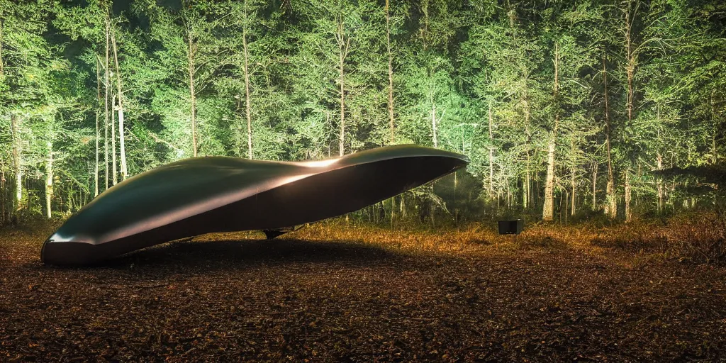 Image similar to an alien craft landed in the woods, shiny and metallic, night time, volumetric lighting, wide shot