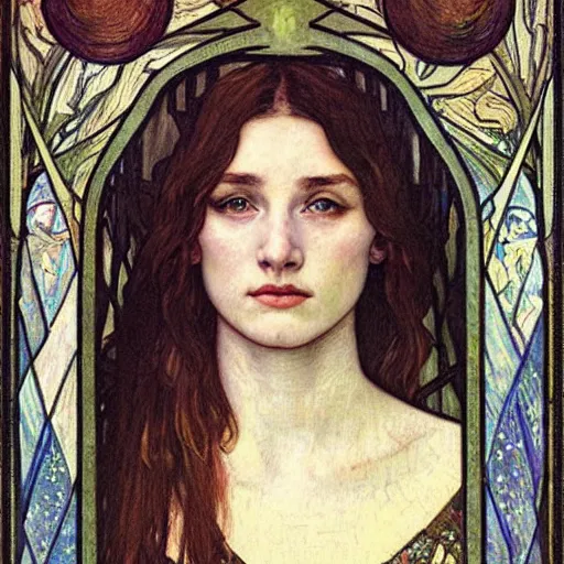 Image similar to detailed realistic beautiful young medieval queen face portrait by jean delville, alphonse mucha, vincent van gogh, and marco mazzoni, art nouveau, symbolist, visionary, gothic, pre - raphaelite