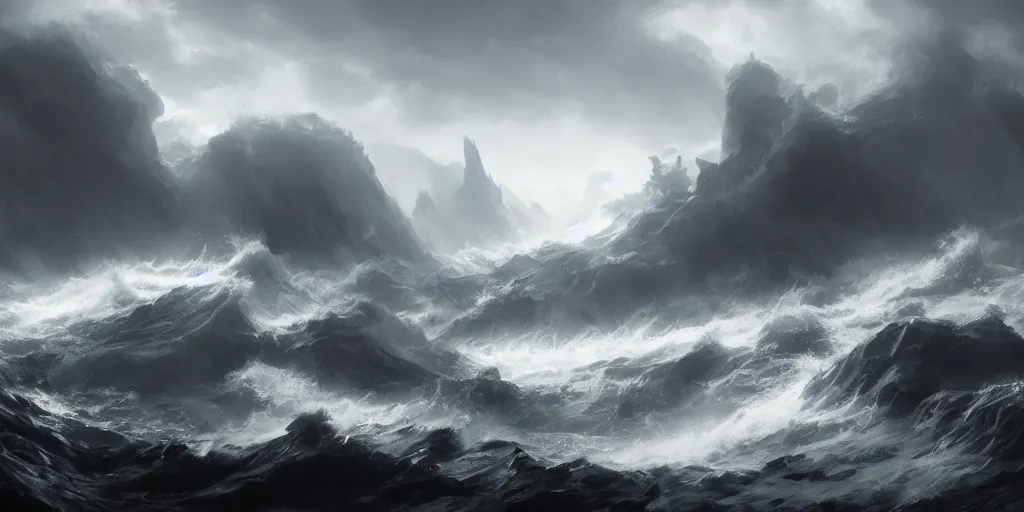 Image similar to sea of tumultuous and billowing white fog near the coast of the realm of shadows, low saturation, high contrast, mostly greyscale, in the style of marcin rubinkowski, greg rutkowski, lorenzo lanfranconi, oleg zherebin, trending on artstation