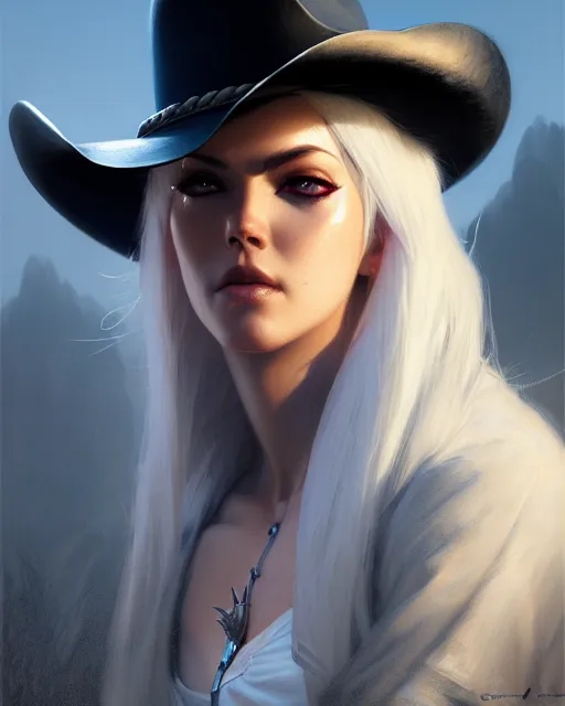 Prompt: ashe from overwatch, cowgirl, white hair, black hat, character portrait, portrait, close up, concept art, intricate details, highly detailed by greg rutkowski, michael whelan and gustave dore