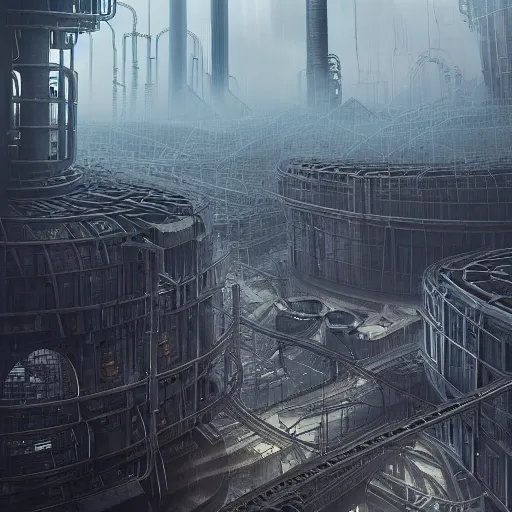 Image similar to futuristic dystopian endless, intricate, complex, labyrinthine, byzantine, tangled, industrial megafactory complex, smokestacks, pipelines and ducts and vents, matte painting, steampunk, smoke, night, gloomy, dark, dramatic, cinematic, volumetric lighting, gods eye view