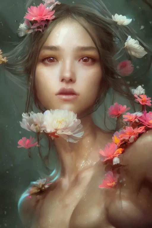 Image similar to face closeup a young beautiful girl nymph drowned in water, underwater photography, 3 d render, hyper realistic detailed portrait, holding magic flowers, ruan jia, wlop. scifi, fantasy, hyper detailed, octane render, concept art, by peter mohrbacher, by wlop, by ruan jia