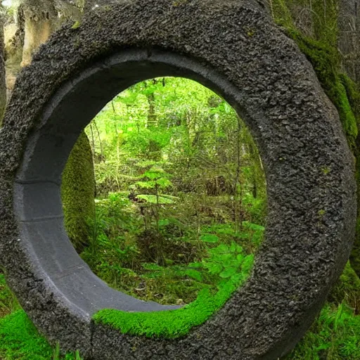 Image similar to stone stargate, mossy, portal to another world