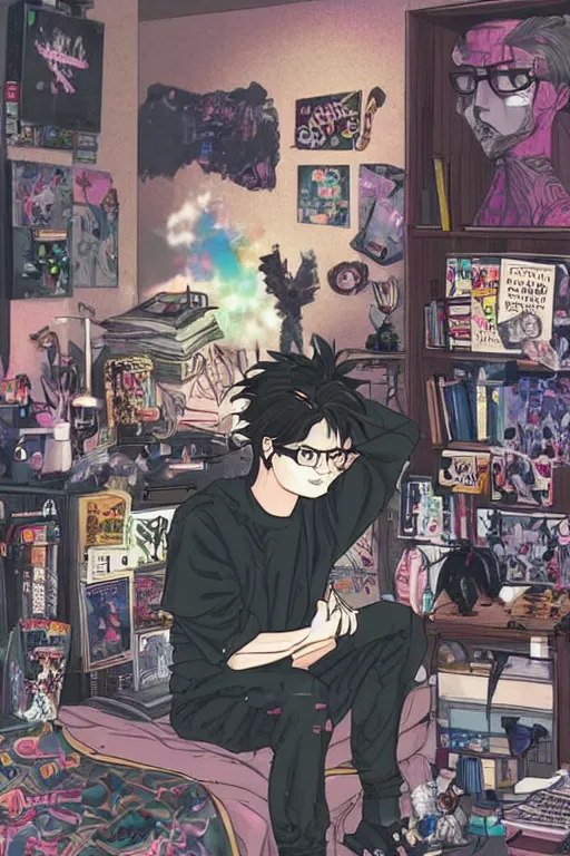 Image similar to nerdy goth guy, cluttered messy 9 0 s bedroom, by sana takeda, sana takeda art, vaporwave, 9 0 s aesthetic, 9 0 s vibe, concept art, full body character concept art, perfect face, detailed face,