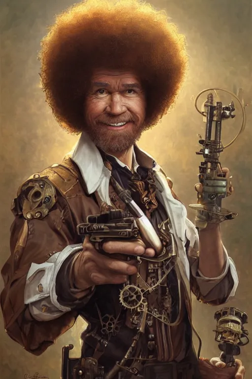 Image similar to bob ross as a steampunk cyborg gunslinger, portrait, western, duster, fantasy, intricate, elegant, highly detailed, digital painting, artstation, concept art, sharp focus, illustration, art by artgerm and greg rutkowski and alphonse mucha