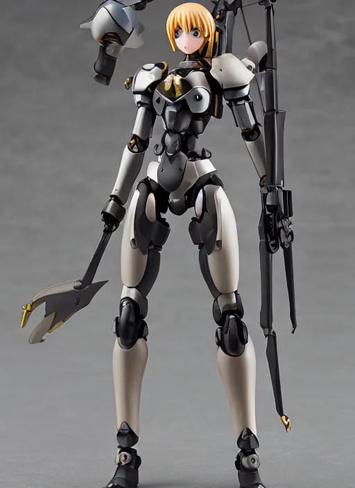 Image similar to toy design,Girl in mecha cyber Armor, portrait of the action figure of a girl, with bare legs， holding a scythe weapon， anime figma figure, studio photo, flight squadron insignia, realistic military gear, 70mm lens,