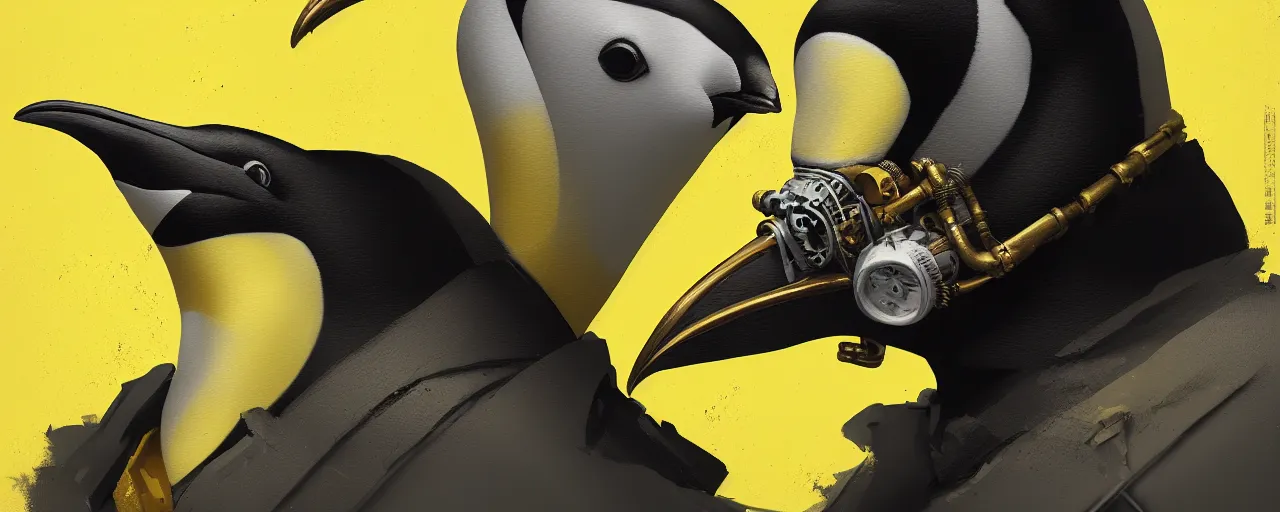 Image similar to duotone yelow black white concept illustration of 3 / 4 portrait of penguin with penguin beak as steampunk cyborg. cinematic volumetric lighting. golden ratio accidental renaissance. by sachin teng and sergey kolesov and ruan jia and heng z. graffiti art, scifi, fantasy, hyper detailed. octane render. concept art. trending on artstation