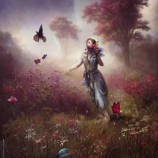 Image similar to a solarpunk very very very beautiful lush landscape of a beautiful nymph in a field are of broken stone words with cyborg workers picking up the broken stone and trying to put them back together, hyperrealistic, award - winning, masterpiece, in the style of tom bagshaw, cedric peyravernay, peter mohrbacher