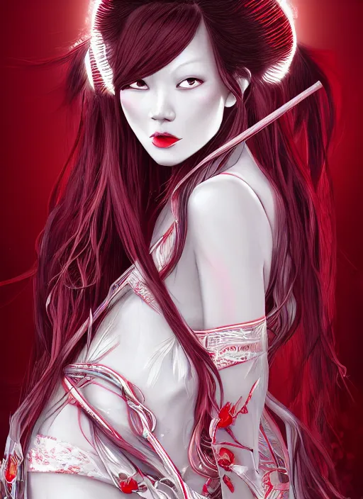 Image similar to albino maiko with very long fantasy hair, dluent composition, red and white neon, concept art, intricate details, highly professionally detailed, cgsociety, highly detailed -