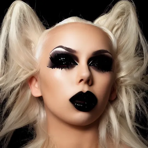 Image similar to modeling photograph kerli koiv in latex bikini, blonde, beautiful, dark, mysterious, bubble goth makup, detailed symmetrical face, dramatic darkroom lighting high exposure