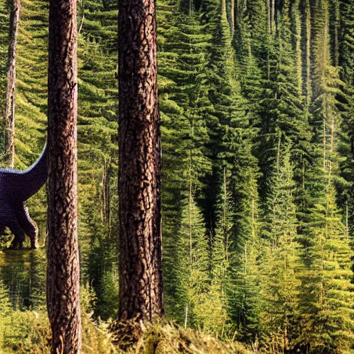 Image similar to a t - rex in the coniferous forest, background dolomites, cinematic, diffused light among the trees, artistic drawing