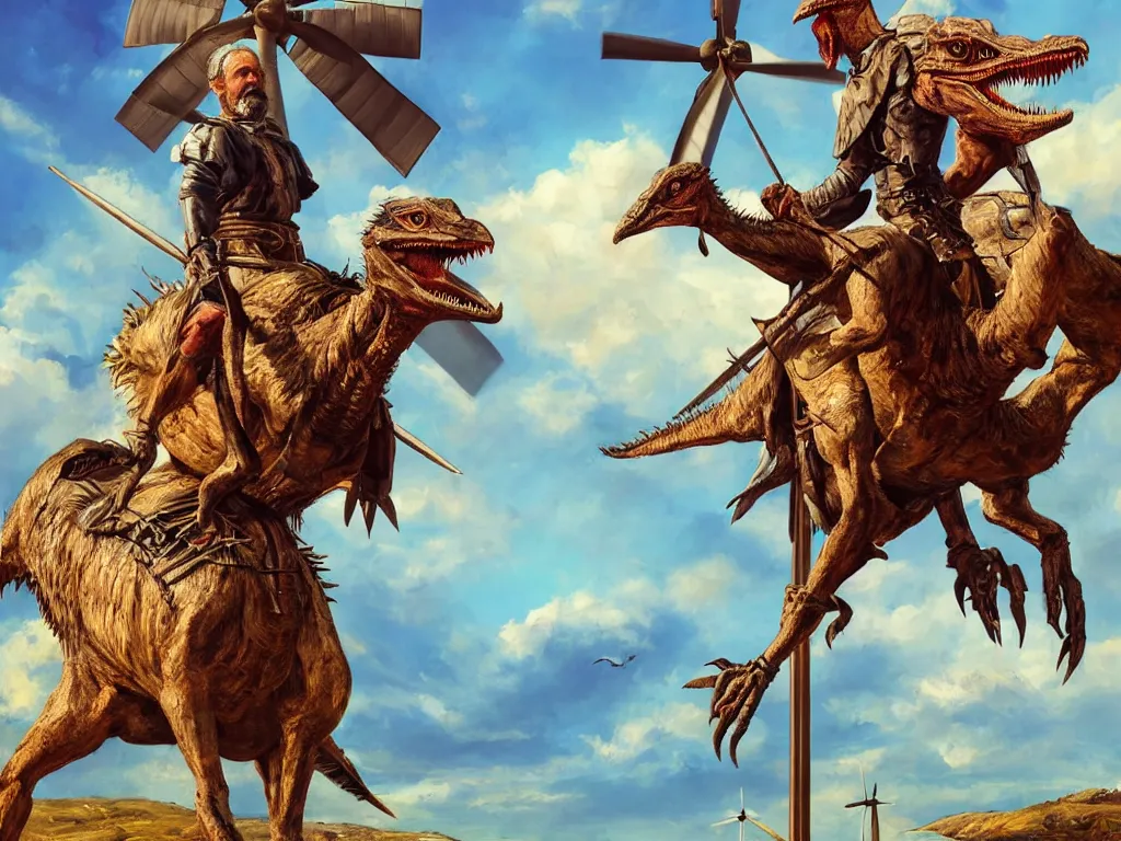 Image similar to portrait of don quixote sitting on a velociraptor in front of a windmill, summer, sun in the zenith, digital art, highly detailed, stunning scene, 4 k, realism, stunning scene, bright colors, trending on artstation, masterpiece