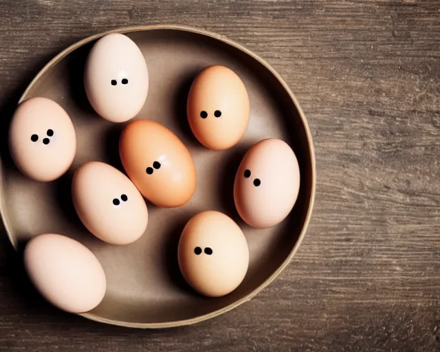 Prompt: eggs with happy faces on them. they have arms and legs made of twigs.