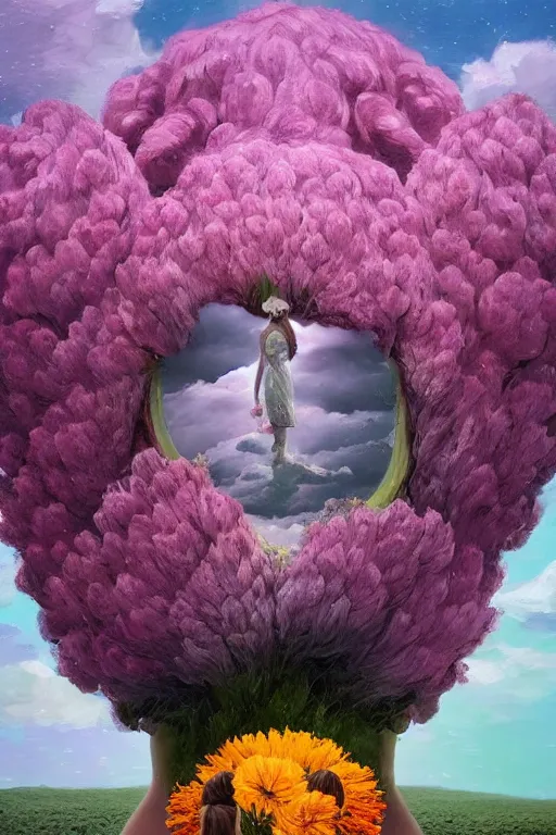 Prompt: closeup, huge flowers as a head mohawk, a woman in a heather field, surreal photography, starlight, storm clouds, impressionist painting, digital painting, artstation, simon stalenhag