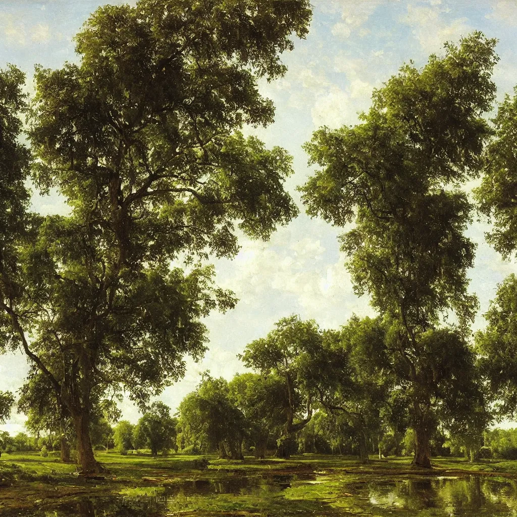 Prompt: banyan trees by the pond, oil on the canvas, summer day, by ivan ivanovich shishkin