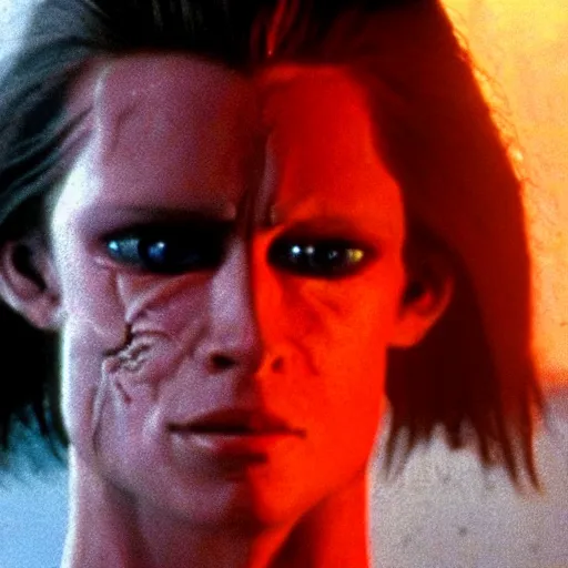 Image similar to long haired cyborg with damaged face. Cinematic lighting. Still from Terminator 2 ending scene