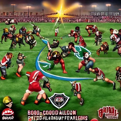 Image similar to high quality digital art of blood bowl teams fighting on a pitch, surrounded by crowds, good weather, referee blowing a whistle