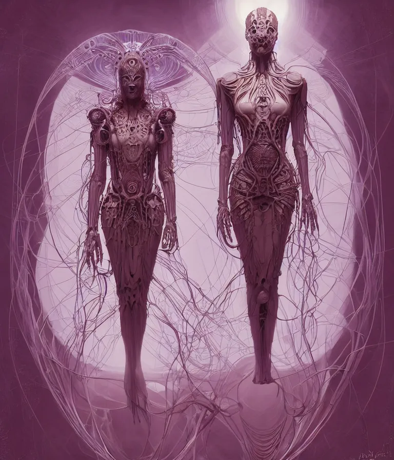 Image similar to fully symmetrical centered portrait of a beautiful princess in robe. artificial muscles, ribcage, bones, hard surface modelling. cyberpunk look. biomechanical mask. bio luminescent biomechanical halo around head. jellyfish. artwork by jarold Sng by artgerm, by Eddie Mendoza, by Peter mohrbacher by tooth wu by alfons mucha, unreal engine, octane render, cinematic light, iridescent details, iridescent colors, dichroic, macro, depth of field, blur