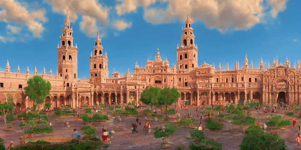 Prompt: ultra detailed and realistic painting of la plaza de espana ( seville ) inspired by very beautiful cute and colored disney movie backgrounds, rendered in 8 k unreal engine