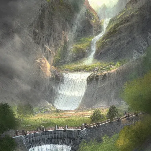 Prompt: A stone lake dam high in the mountains. The dam is broken in the middle creating a waterfall that overflows the river below. .Fantasy, concept art, sharp focus, artstation