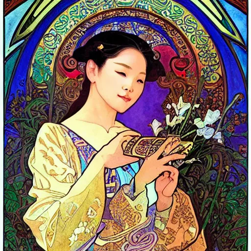 Prompt: A vietnamese scribe, by Alphonso Mucha, Josephine Wall, Vignette, Bloom, All Dimension, Surface Detail, 4k