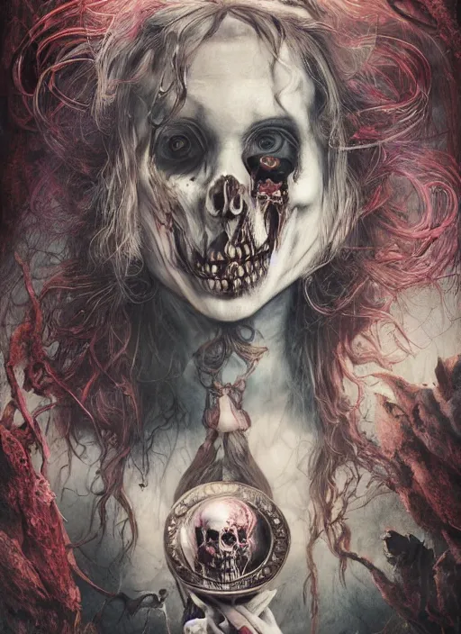 Image similar to Alice in Wonderland Mad Hatter Death Tarot card,highly detailed,half skull face,cinematic,8k,by Stanley Artgermm,Tom Bagshaw,Greg Rutkowski,Carne Griffiths, Ayami Kojima, Beksinski, Giger,Anne Stokes, Benjamin Lacombe,trending on DeviantArt,hyper detailed,horror, full of colour