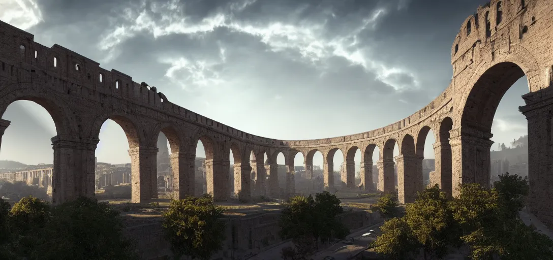 Image similar to epic view of giant roman aqueduct over beautiful italian city, unreal engine, dramatic lighting, detailed, ambient occlusion, global illumination, god rays, 3 d artstation render by greg rutowski and jessica rossier