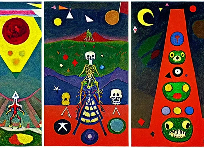 Image similar to pixel decollage painting tarot lovers card composition tower of babel road red armor wonky alien frog and maggot vampire clown knight on a skeleton pale horse in a dark green cloudy night sky with golden foil jewish stars and diamonds, mountain lake and blossoming field in background, painted by Mark Rothko, Helen Frankenthaler, Danny Fox and Hilma af Klint, pixelated, neo expressionism, semi naive, pastel colors, cinematic, color field painting, cave painting, voxel, pop art look, outsider art, minimalistic. Bill Traylor painting, part by Philip Guston, Amano and Francis Bacon. art by Adrian Ghenie and Storm Thorgerson, very coherent symmetrical artwork, cinematic, hyper realism, high detail, octane render, unreal engine, Smooth gradients, depth of field, full body character drawing, extremely detailed, 8k, extreme detail, intricate detail, masterpiece