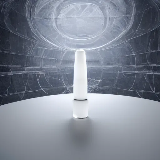 Image similar to perfume bottle standing on a white zen clean modern minimalist white counter in front of large circular portal with mountain view, frozen and covered in ice, by peter tarka and zaha hadid octane highly render, 4 k, ultra hd,