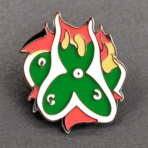 Image similar to simple yet detailed, jalapeno on fire flame circle enamel pin retro design