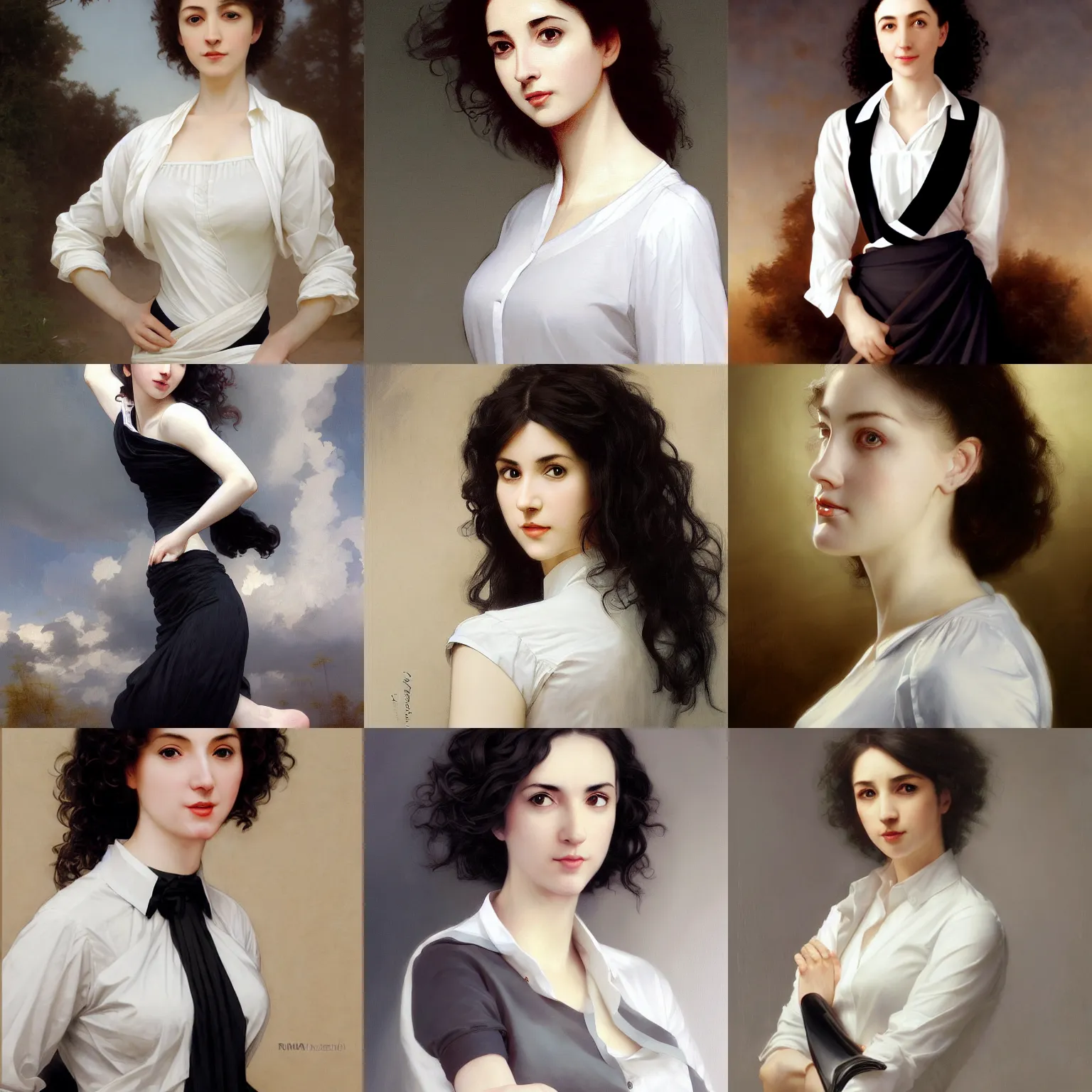 Prompt: painting of beautiful, maia sandu, dressed in a white secretary shirt and black miniskirt, very pale white skin and curly hair, by ruan jia and artgerm and range murata and krenz cushart and william adolphe bouguereau, key art, fantasy illustration, award winning, intricate detail realism hdr, full body painting