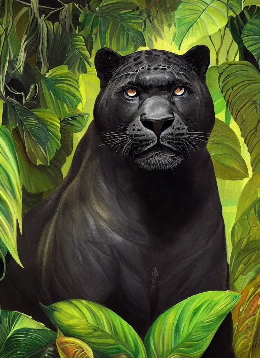 Image similar to a beautiful painting portrait of a black jaguar surrounded by the leaves of the jungle, highly detailed close up, fantasy art, matte painting