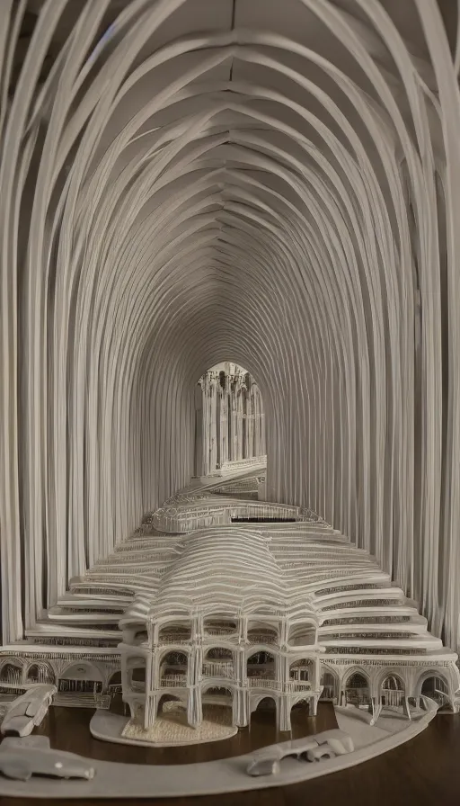 Prompt: a stunningly detailed architectural model of a hotel designed by Calatrava with delicate concrete arches that looks like a gothic cathedral on display in a museum, HO scale, highly detailed, product photography, well lit, 8k