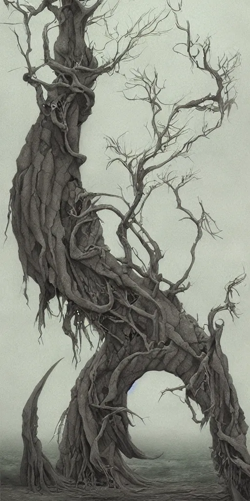 Image similar to artwork by john howe of a grim catalpa