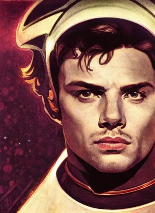 Image similar to sebastian stan as a star trek captain, a still from star trek painted by alphonse mucha. clear highly detailed face, beautiful sci fi art