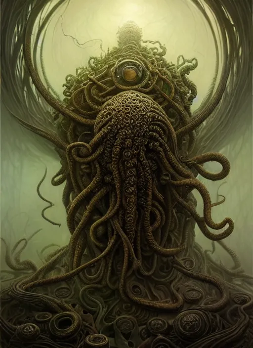 Image similar to realistic portrait of cthulu, a scenic dystopian environment, lovecraftian, intricate, elegant, highly detailed, centered, digital painting, artstation, concept art, smooth, sharp focus, illustration, artgerm, tomasz alen kopera, peter mohrbacher, donato giancola, joseph christian leyendecker, wlop, boris vallejo