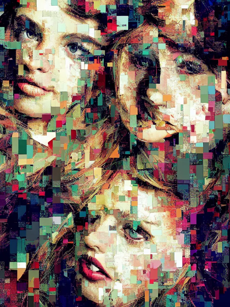 Prompt: a beautiful collage by patrick bremer of a girl portrait in a glitched bathroom, pixel sorting, color bleeding, brushstrokes by jeremy mann