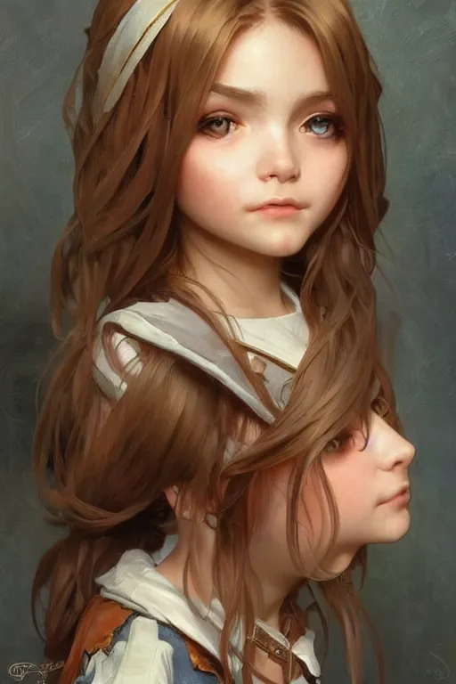 Image similar to a little gamergirl with a mischievous face and short!! light brown straight hair. she is dressed as gamergirl in her room, painting, beautiful detailed face. by artgerm and greg rutkowski and alphonse mucha