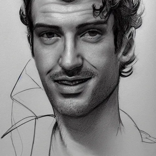 Image similar to a seafairing gay french man with a snooty smug smile, charcoal drawing, black and white, ink and paper, portrait, trending on artstation, behance, deviantart, drawn by tom lovell, artgerm, jsc, j. scott campbell